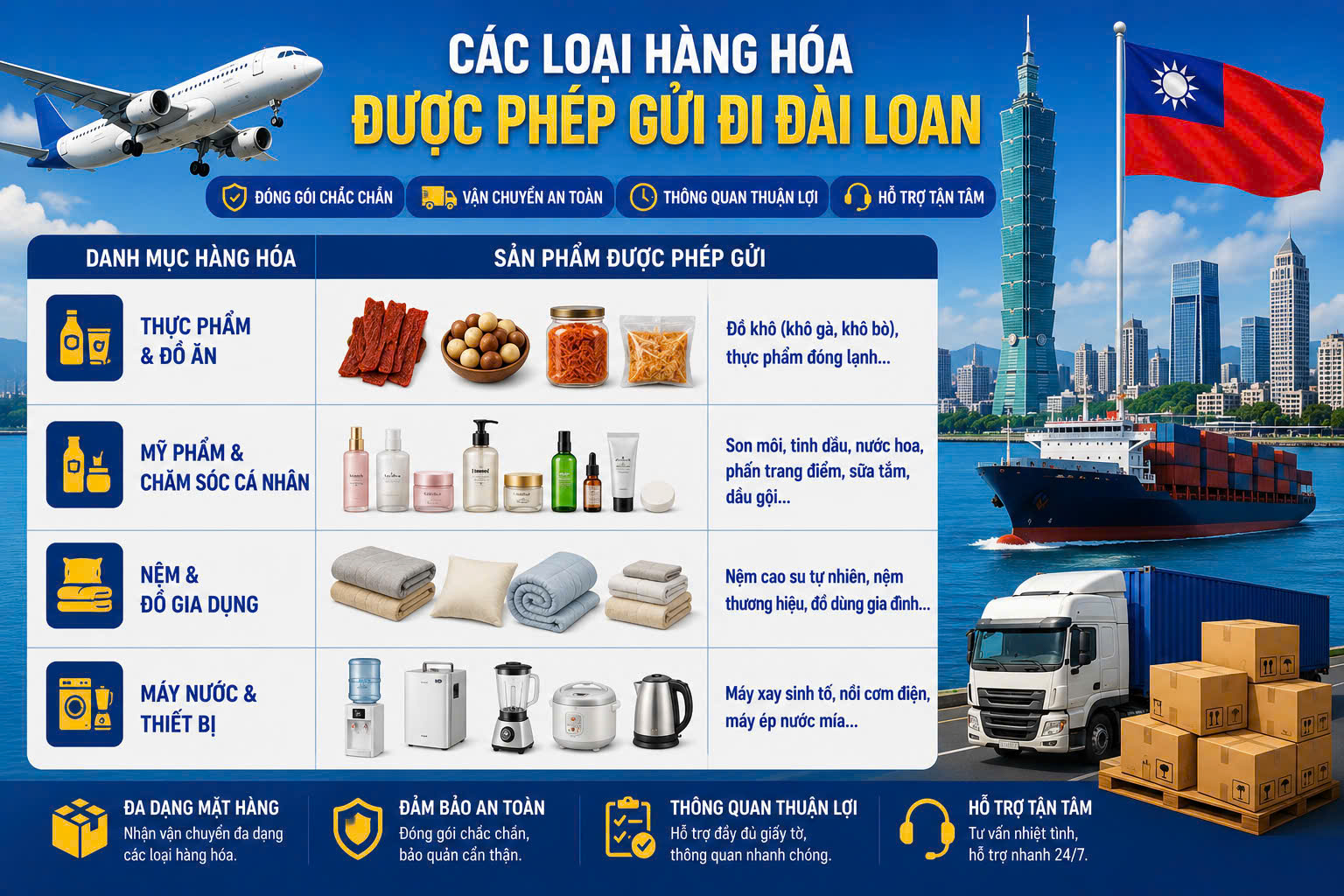 Các nhóm hàng hóa được phép gửi hàng đi Đài Loan