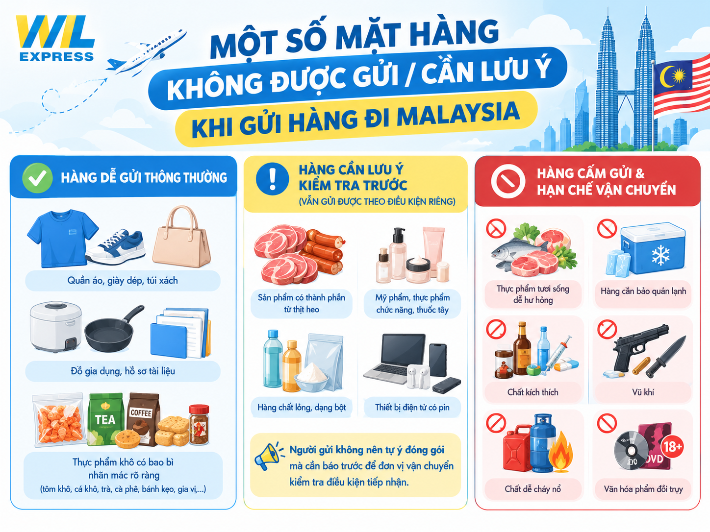 Một số mặt hàng không được gửi hoặc cần lưu ý khi gửi hàng đi Malaysia