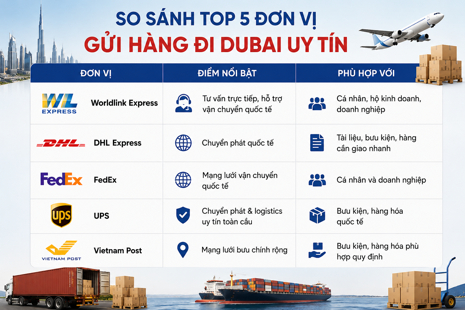 So sánh 5 đơn vị gửi hàng đi Dubai uy tín